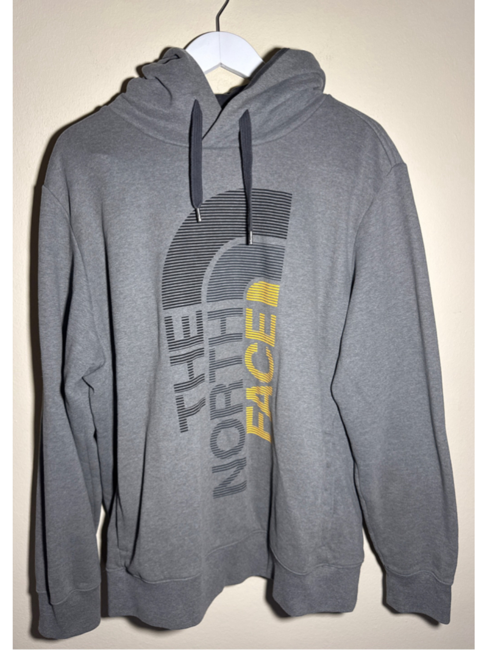 The North Face Hoodie XL Grey Yellow Logo Pullover Sweatshirt PTP 25â